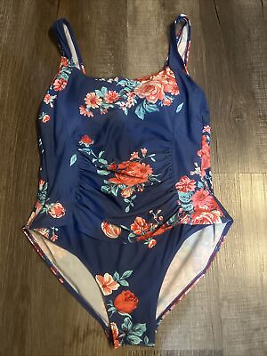 #ad Firpearl Women#x27;s Retro One Piece Bathing Suit Ruched Blue Floral See Measurement $14.99