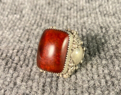 #ad Vintage LARGE 925 Sterling Amber Ring Navajo Statement Ornate 17 Grams Size 10 $139.95