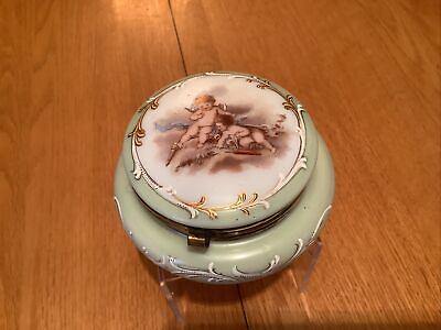 #ad Antique French Porcelain Green Cherubs Angels Jewelry Vanity Trinket Box $199.99