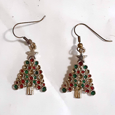 #ad Gold tone Christmas tree earrings 1 1 4quot; holidays colorful $7.70