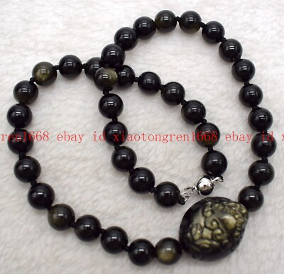 #ad Natural Fashion 10mm Gold Black Obsidian Gems Round Beads Necklace 16 24in $14.24