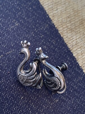 #ad Vintage Swan Shaped Sterling Silver Screwback Earrings Crowned Swans #350 $15.00