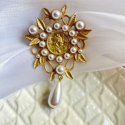#ad Trendy Water Drop Leaf Branch Pearl Brooch Hollow Baroque Matte Gold Color Woman $13.89