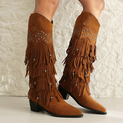 #ad Vintage Tassel Boots Womens Block Heel Pointy Toe Pull On Cowboy Knee High Boots $88.29