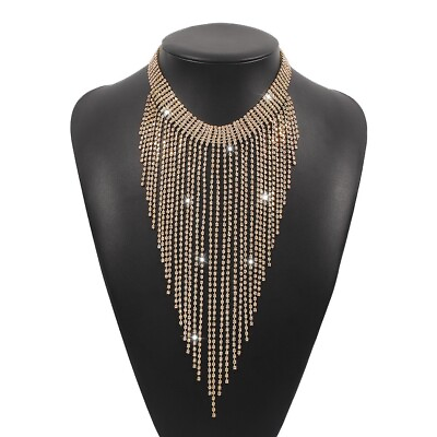 #ad Bling Gold Crystal Long Drop Tassel Choker Necklace Party Evening Statement $27.99