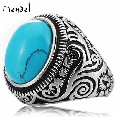 #ad MENDEL Mens Oval Turquoise Stone Ring Men Stainless Steel Size 7 8 15 $9.99