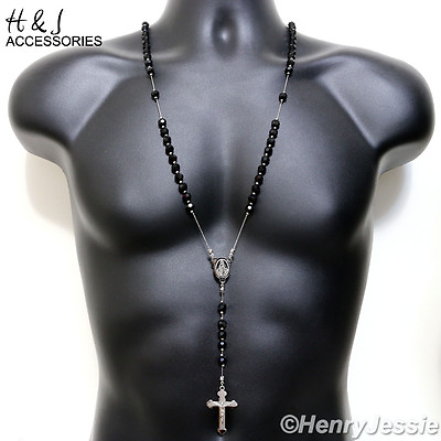 #ad 305quot;MEN Stainless Steel 8mm Silver Black Onyx Beads Cross Rosary Necklace*RN12 $21.99