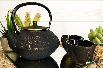 #ad Dark Rich Gold In Coin Ingot Money Pattern Heavy Cast Iron Tea Pot And Cups Set $62.99