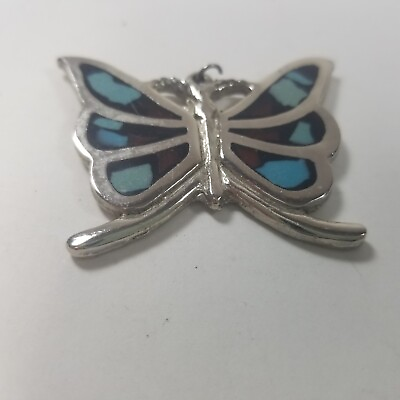 #ad Vintage Turquoise amp; Coral Chip Inlay Butterfly Pendant Silver Tone Signed NI $19.99