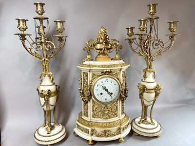 #ad Exquisite French Louis XVI Marble and Bronze Chimney Clock Set Mid 19th Century $6660.00