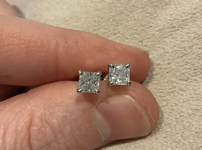 #ad 1.0 Carat Diamond Princess Cut Solitaire Stud Earrings Set In Platinum Plated GBP 55.00