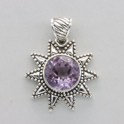 #ad 925 Sterling Silver Facetted Round Purple Amethyst Star Sun Pendant #57 $34.00