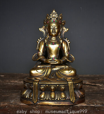 #ad 11.2#x27;#x27; Tibetan Buddhism Copper Inlay Gem Amitayus longevity God Goddess Statue $208.25