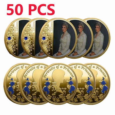 #ad 50PCS UK Wales Diana Princess Rose With Diamond Commemorative Coin Gold Plated $89.54