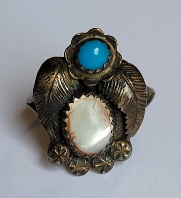 #ad Old Navajo Sterling Silver Flower And Leaves Turquoise Mother Of Pearl Ring Sz 6 $65.00