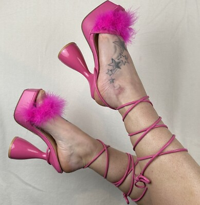 #ad Pink Fluffy Fur Sandals Sexy High Heels Strappy Tie Up Gladiator Party Shoes New $35.00