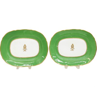 #ad Pair English Flight Barr attr Green Porcelain Platters Clerical Miter Monogram $575.00