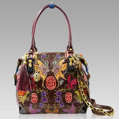 #ad Marino Orlandi Boxy Handpainted Butterflies Chocolate Leather Tote Purse Bag $1500.00