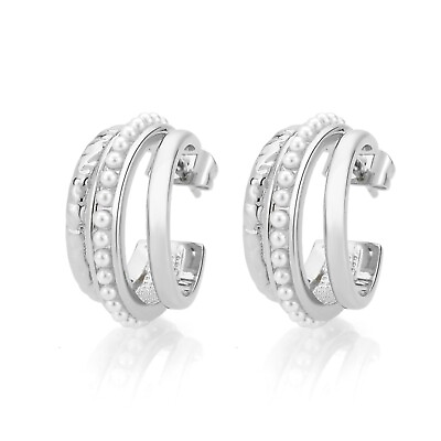 #ad Women Pearl C Shape Stud Rhodium Plated Dangle Wedding Fashion Jewelry Gift $58.50