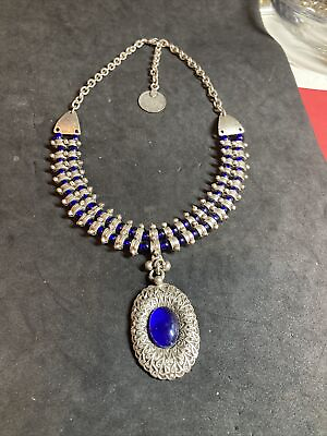 #ad 14 17” Silver Tone Blue Pendant Beads Statement Necklace B132 $35.00