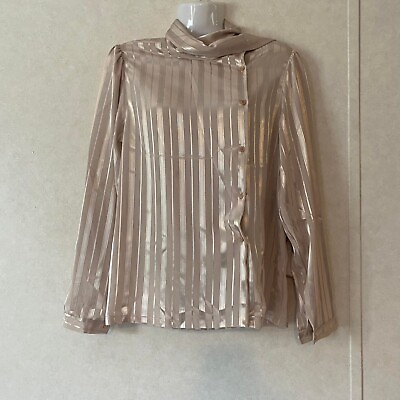 #ad Dendy Golden Silk Sheer Satin Button Blouse High Neck Side Button Long Sleeve M $19.88