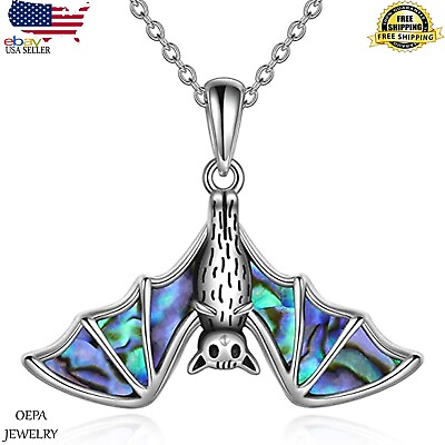 #ad 925S Bat Necklace Silver Abalone Shell Jewelry Bat Necklace for Women Halloween $100.00