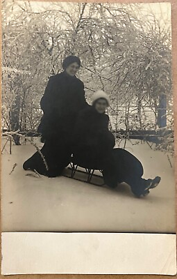 #ad RPPC Pretty Girls Snow Sledding in Winter Vintage Real Photo Postcard c1910 $15.35