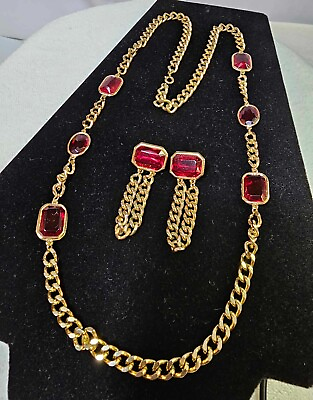 #ad VTg Goldtone Necklace amp; Stud Earrings SET w Red Ruby Red Stones S18 $69.99