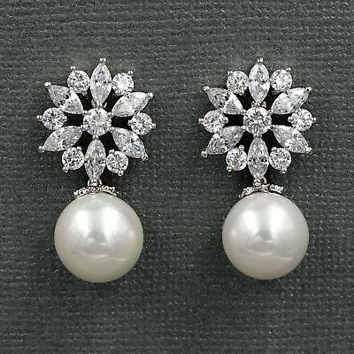 #ad Women Pearl White Gold Plated Cubic Zirconia Wedding Drop Dangle earrings 00664 $19.99