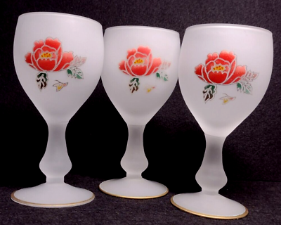 #ad Vintage White Satin Frosted 6 oz. Wine Goblets w Red Roses Set of 3 $20.00