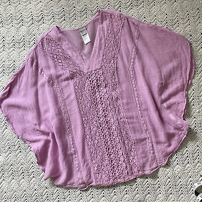 #ad Chicos Linen Embroidered V Neck Poncho Blouse Top Pink Large XLarge $19.99