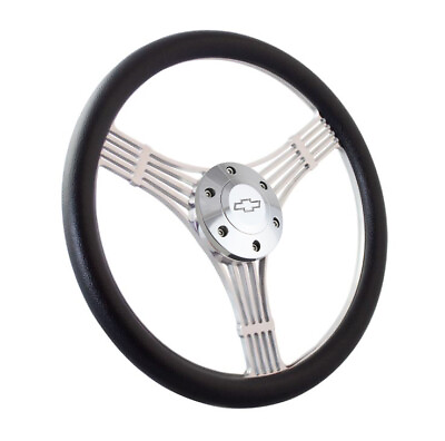 #ad 14 Inch Polished Steering Wheel Banjo Style Black Grip Chevy Horn amp; Adapter Set $296.32