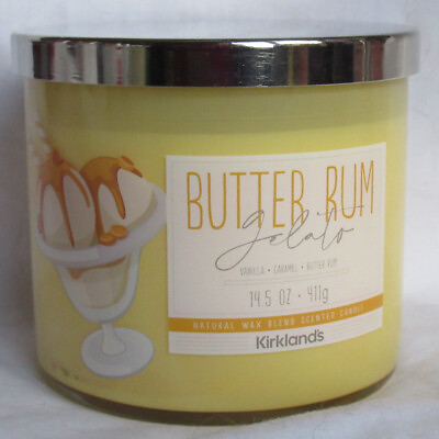 #ad Kirkland#x27;s 14.5 oz Large Jar 3 Wick Candle Natural Wax Blend BUTTER RUM GELATO $29.52