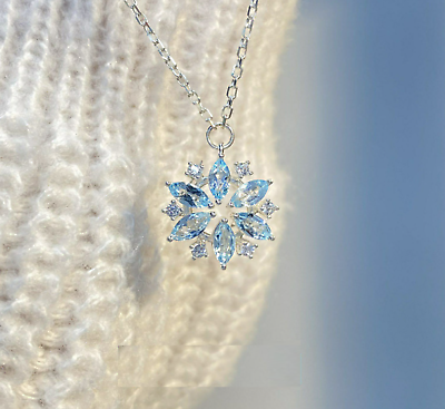 #ad Frozen Snowflake Silver Blue Cubic Zirconia Flower Pendant Chain Necklace $9.99
