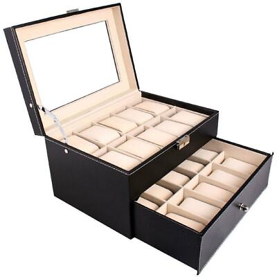#ad Large 20 Slot Leather Watch Box Case Organizer Glass Display Jewelry Storage $26.49