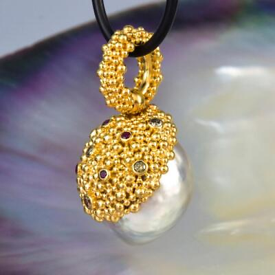 #ad Gigantic South Sea Pearl Pendant Gold Vermeil Sterling Diamond amp; Ruby 14.90g $429.00