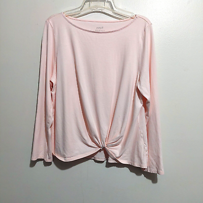 #ad Purejill Womens Large Petite Knotted Tee Pink Long Sleeve Boat Neck Lightweight $19.99
