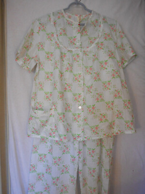 #ad Vintage floral PJ Pajama Set Lounge pants Smock Top Pink Green white Pajamas $29.99
