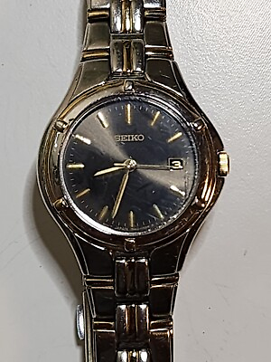 #ad Seiko Vintage Two Tone Dark Grey Dial Date Quartz Watch 7N82 0EN0 $35.00