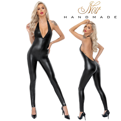 #ad NOIR HANDMADE Black jumpsuit wet look overall with open crotch Bondage catsuit $81.00