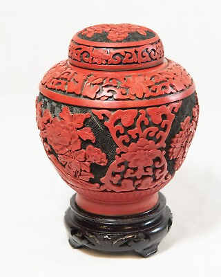 #ad Ornately Carved Cinnabar Jar w Lid Wooden Stand amp; Blue Enamel Interior KMT $59.00
