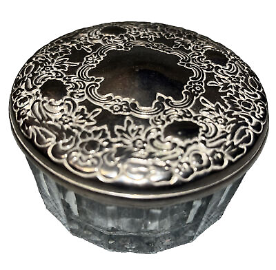 #ad Heavy Cut Glass Crystal Round Jewelry Trinket Box silverplated velvet lined lid $10.19