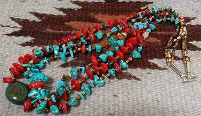 #ad Southwestern multi strands turquoise coral nuggets necklace b200e w4 $50.00