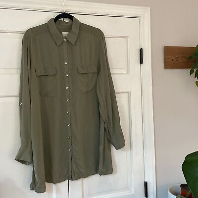 #ad Chico’s Size 3 Long Utility Shirt Pocket Sage Green Button Down Blouse Chicos XL $42.00