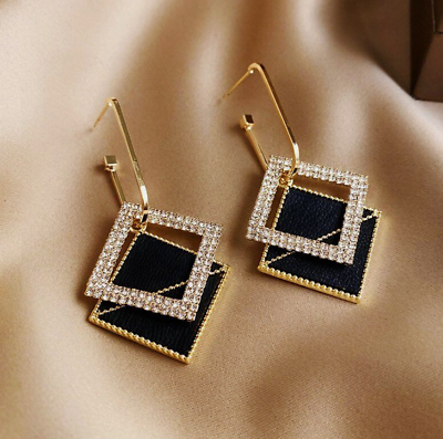 #ad Fashion Black Gold Plated Geometric Crystal Ear Stud Earrings Drop Dangle Women $9.79