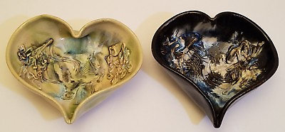 #ad 2 Vintage Handmade Decorative Glazed Art Pottery Bowl Cute Heart Shaped Dish Set $12.74