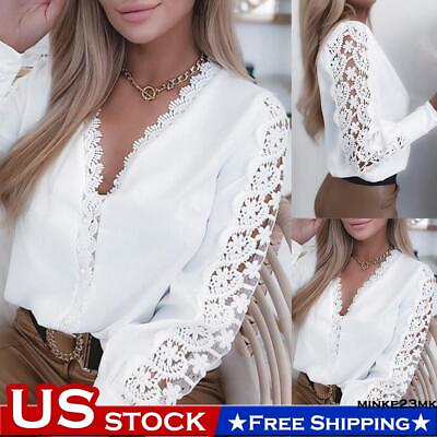 #ad Womens V Neck Lace Top Shirt Ladies Office Work Hollow Long Sleeve Casual Blouse $16.73