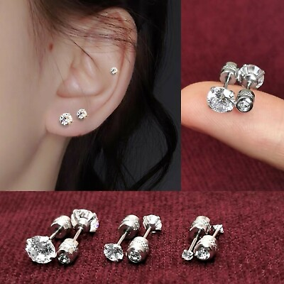 #ad Womens Girls Silver Round CZ Crystal Screw Back Stud Earrings Surgical Steel $8.99