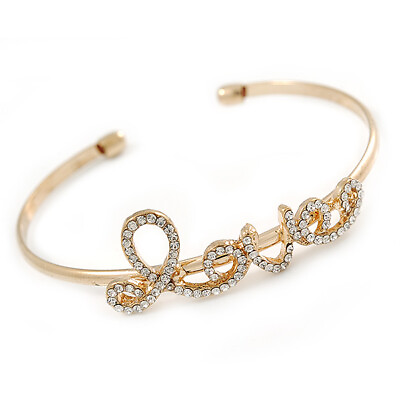 #ad Delicate Clear Crystal #x27;Love#x27; Cuff Bangle Bracelet In Gold Tone 19cm GBP 13.90