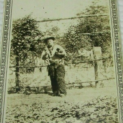 #ad Cowboy Fur Chaps Holding Boston Terrier Dog amp; Cat 1920s Vintage Photo mb189 $14.50